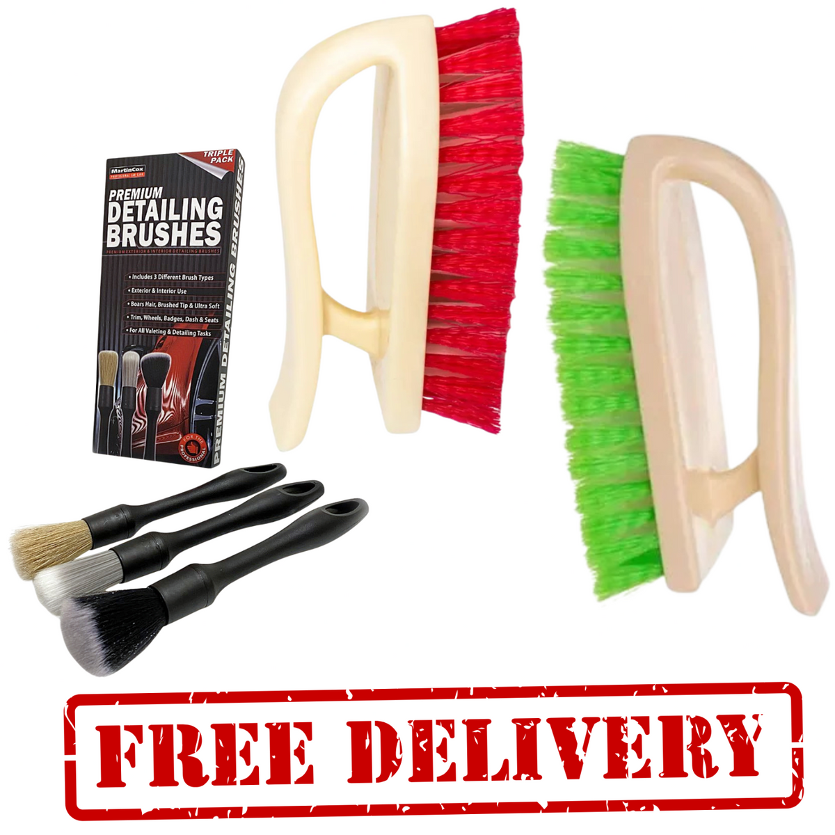 Martin Cox Detailing Brush Bundle – 3 Premium Brushes + Red & Green D-Shaped Uph