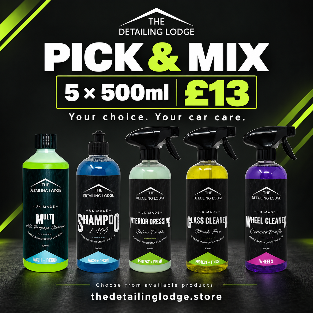 Detailing Lodge Pick & Mix Car Care Bundle – 5 × 500ml for £13